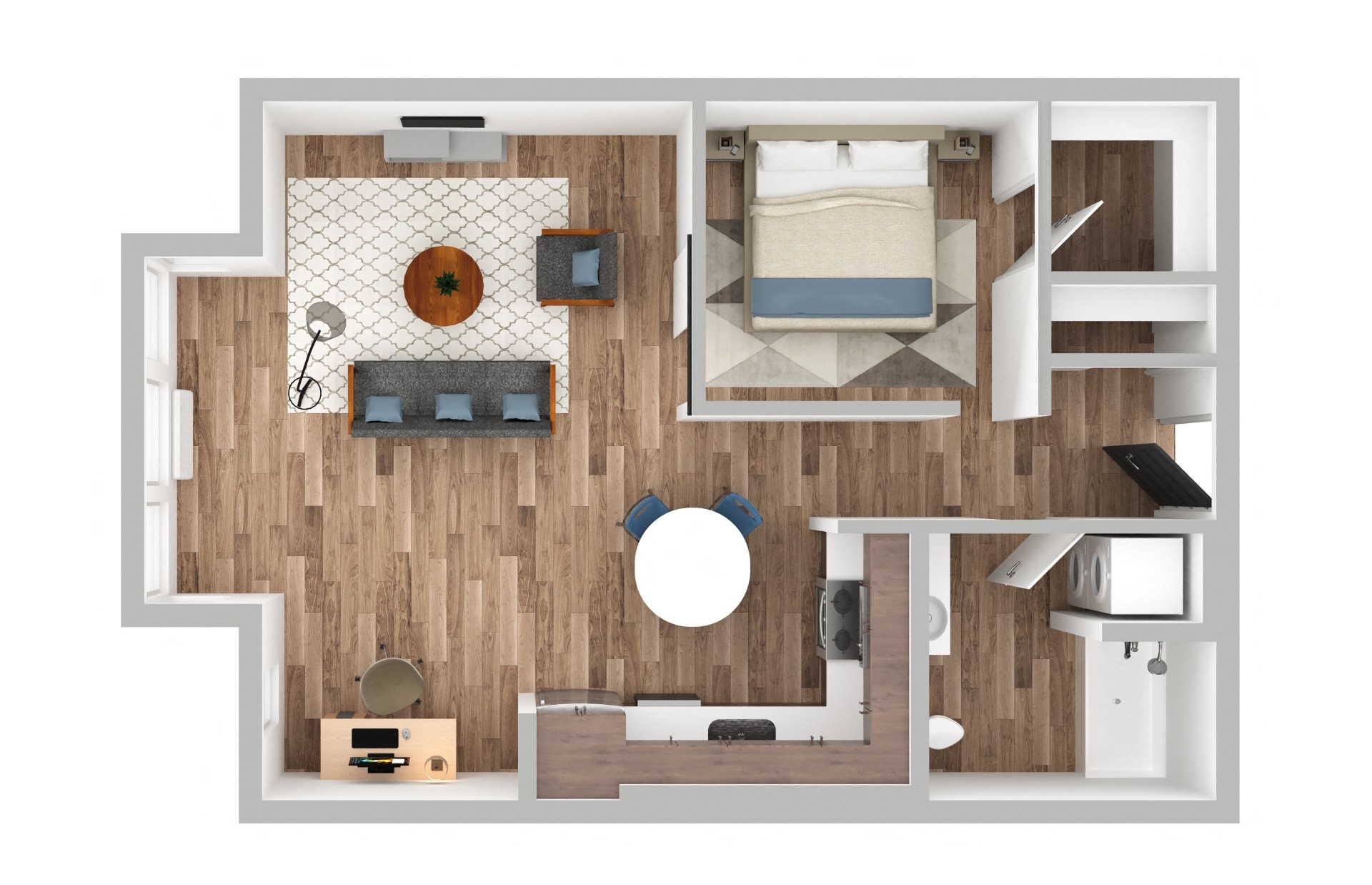 Floor plan for 1 bed, 1 bath, 750 sqft